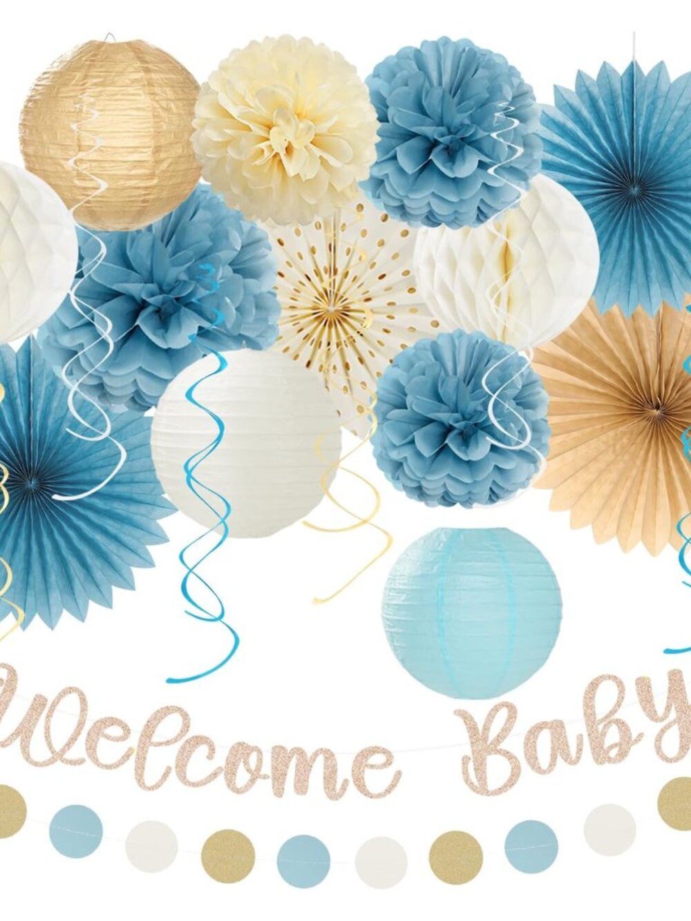 Light-Dusty Blue Boho Baby Shower Party-Decorations - 21pcs Beige Champagne Boy